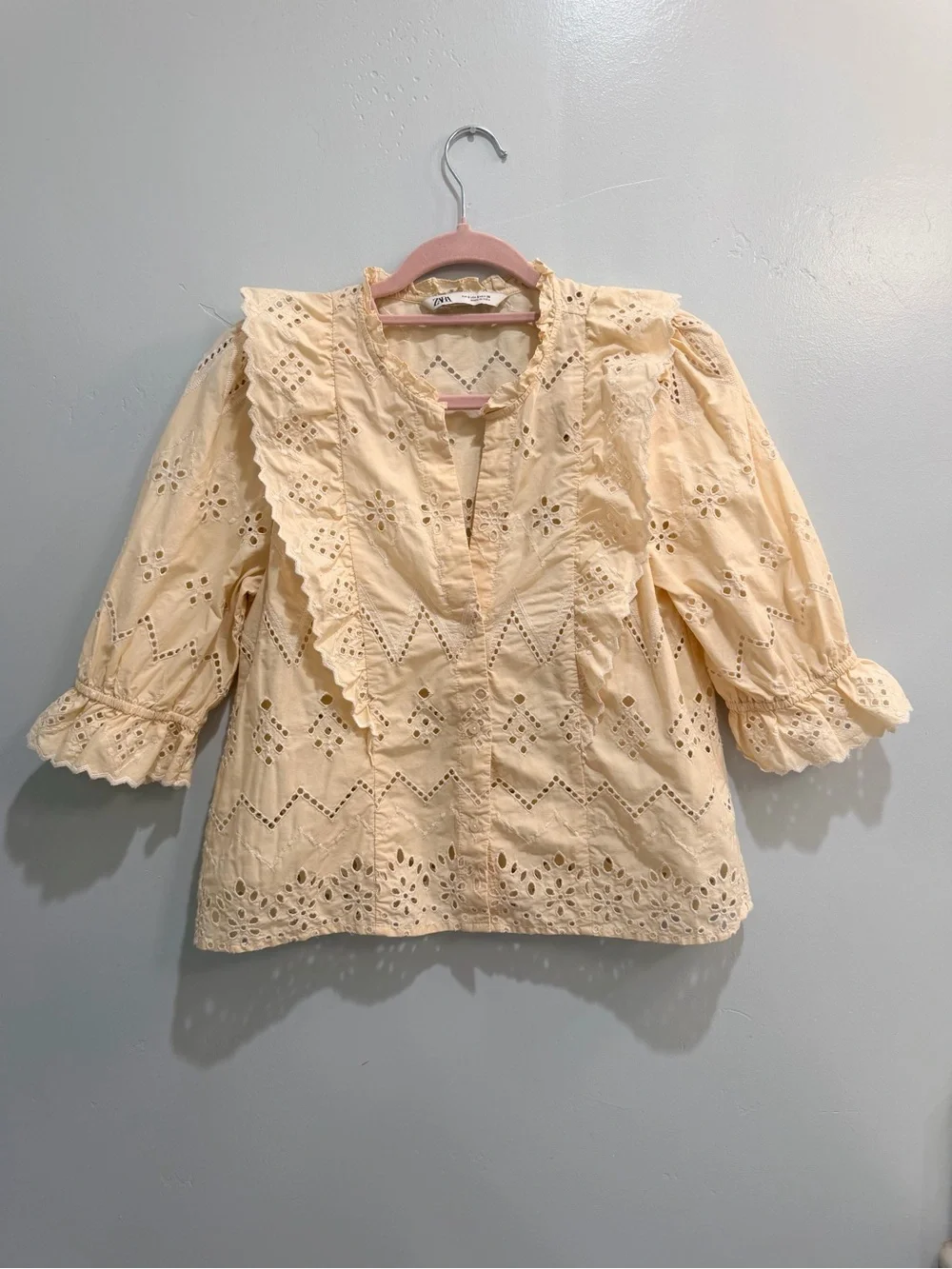 Zara Cream Eyelet Lace Ruffle Blouse Small - Romantic Cottagecore Button Up Top